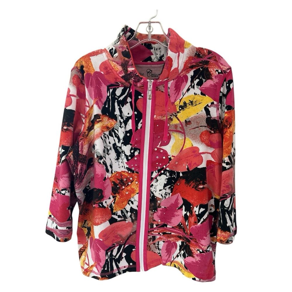 Onque Casuals Leaf Print Zip Up Jacket Large Rhinestone Art to Wear Pink Orange - Picture 2 of 8